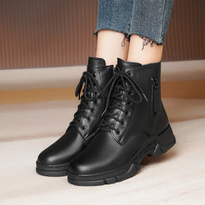 Leather Martin Boots Women Thick Bottom Flat Bottom Anti-Slip Soft Bottom Casual Warm Fleece Fashion White Short Boots Wool Leather Shoes