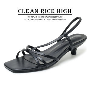 Black Fashionable Cat Heel Sandals Womens Semi Slip-On Shoes Versatile French Style Thin Heel Clog Summer New Arrival