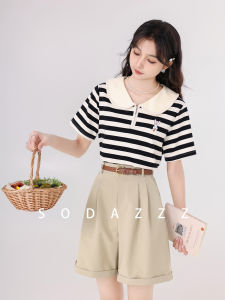 Mint Sweet Milk Summer New Style Small Audience Large Collar Striped Short Sleeve T-Shirt Womens Top Commute Style Korean Version