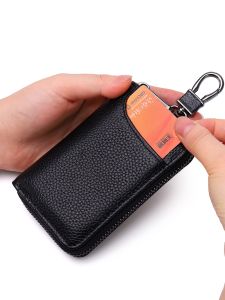 Genuine Leather Key Pouch Waist Hanging Zipper Style Large Capacity for Men And Women Car Home Lock Key Pouch Multi Functional