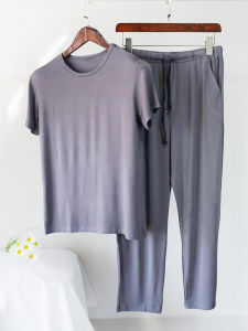 ชุดนอนผู้ชายแขนสั้นกางเกงขายาวฤดูร้อนแบบบางผ้าโมดัลคอกลมระบายอากาศนุ่มหลวมขนาดใหญ่ชุดใส่ในบ้าน