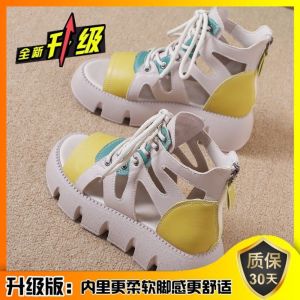 Womens Thick Bottom Sandals Fashionable Hollow out Design Leather Slip-On Casual Shoes round Toe mid Heel Rubber Sole