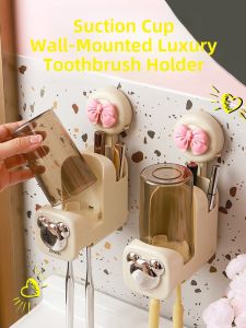 Luxury Wall-Mounted Toothbrush Holder Bathroom Organizer No-Drill Suction Cup Toothpaste Cup Rack Elegant Cream Style