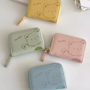Cute Bear Student Portable Zipper Cartoon Multi-Card Slot ID Holder Wallet for Girls Compact Size Document Coin Purse