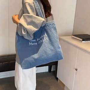 EchoBliss กระเป๋าผ้าแคนวาสสไตล์วินเทจสไตล์อเมริกัน INS กระเป๋าโท้ทผ้ายีนส์สะพายไหล่ข้างเดียวสำหรับนักเรียนแนวอาร์ตๆ