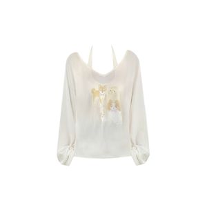 YUEZHONGWEI | Áo thun dài tay chống nắng in họa tiết hoạt hình phong cách Mỹ cho nữ mùa hè mỏng rộng rãi hở vai áo khoác điều hòa không khí