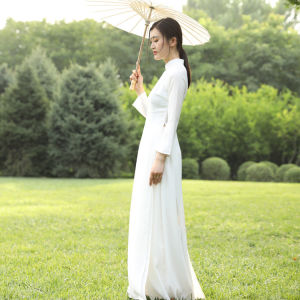 Authentic Long Cheongsam Dress Shawl Collar Chiffon Womens White Enhancing Two-Piece Set High Slit Daily Wear Artistic Style