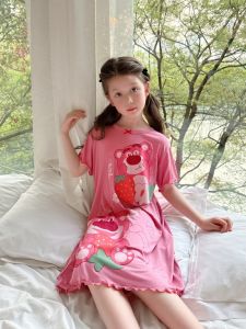 Girls Breathable Light Modal Sleepwear Short Sleeve Strawberry Bear Design Summer Sweet Cute Childrens Home Dressing Gown