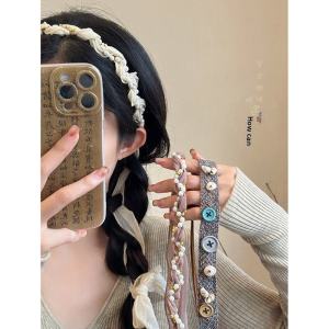 Retro Silk Ribbon Waist Belt Pearl Button Decorative Womens Hair Accessory National Style Waist Chain Fashion Jewelry