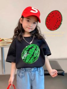 Girls Cotton Short Sleeve Color Changing Sequin T-Shirt Boys Loose Cartoon Print Top Summer Breathable Sweat Absorbent Kidswear