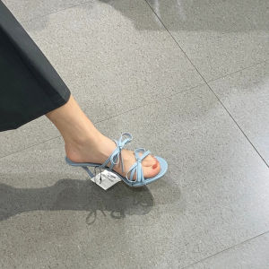 Elegant Blue Butterfly Knot High Heels Sandals Womens 2024 New Versatile White Enhancing T-Strap Half Slippers French Open Toe