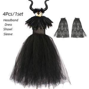 Halloween Maleficent Costume for Girls Evil Queen Dress Up Costumes Witch Devil Black Mesh Princess Dress Cosplay