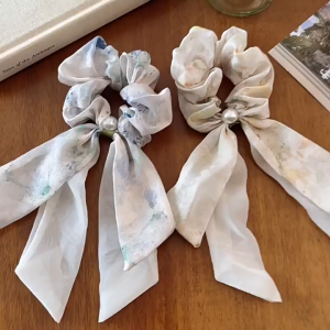 Ikat Rambut Pita Mutiara Model Scraf Korea Scunchie Scraf Pita Gaya Korea