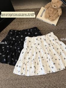 White Lace Splice Floral Cake Half Skirt Womens Spring Summer High Waist A-Line Miu Knot Puffy Short Skirt Commute Style