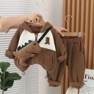 Bộ Quần Áo Trẻ Em Khủng Long Dày Dặn Lông Cừu Khóa Kéo Bé Trai Mùa Thu Mùa Đông Bộ Đồ Hai Mảnh Em Bé Quần Áo Polyester Cotton Vải Bông Pha Trộn