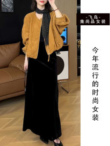 Womens Velvet Two-Piece Set Zipper Jacket Simple Style Fashionable Autumn Collection Long Sleeve round Neck Polyester Fiber