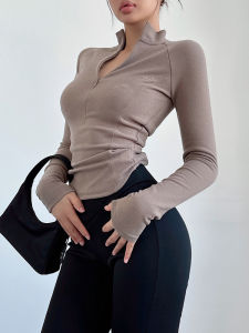 Liviahome Slim Fit Half Zip Inner Wear Base Shirt Womens Autumn Winter Thin Style Stand Collar T-Shirt Streetwear Pure Color