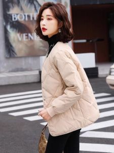 Lightweight Short Puffer Jacket Womens Cotton down Coat Diamond Pattern Open Cardigan Loose Fit Long Sleeve Winter Outerwear