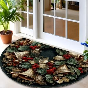 Non-Slip Semicircle Christmas Doormat With Gold Bell And Winter Fruit Wreath Indoor & Outdoor Dust-Proof Holiday Decorative Mat