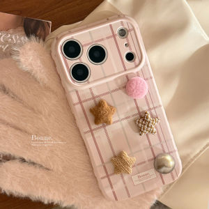 Korean 3D Woolen Plush Stars Decoration Pink Grid Pattern Phone Case For iPhone 17 16 15 14 13 12 Pro Max Shockproof Soft Cover