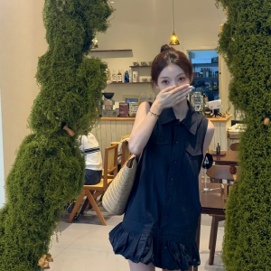 VKSOD | Korean Style Polo Collar Black Sleeveless Dress Women Summer Loose Slimming Casual Work Vest Short Skirt High Waist A-Line