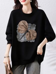 Loose Mom European Style Large Size Hoodie Womens Spring Autumn Fashion High End plus Size Casual Long Sleeve round Neck Top