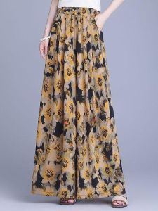High Waist Wide Leg Pants Ice Silk Summer Beach Skirt Casual Womens Loose Sun Protection Print Pants Asymmetrical Flared Trousers