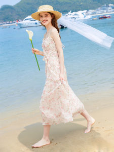 Zklin ชุดเดรสสายเดี่ยวผ้าชีฟองลายดอกไม้เล็กๆเดรสยาวใส่ไปชายหาดในวันหยุดริมทะเลแบบนางฟ้าสุดๆพริ้วๆสำหรับคนตัวเล็ก