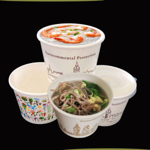 Commercial round Paper Bowl with Lid for Bean Curd Soup Disposable Dining Utensils 520ML Packaging Bowl One-time Use
