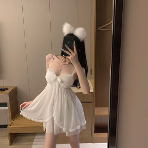 เซ็กซี่ ลูกไม้ ชุดราตรี ผู้หญิง ฤดูร้อน สไตล์นางฟ้าใหม่ ชุดนอน ชุดทูพีซสําหรับบ้านพร้อมแผ่นรองหน้าอก คอวี กระโปรงสั้น บริการบ้าน