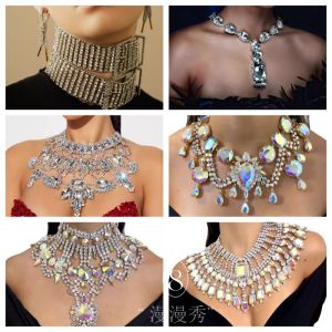 Exaggerated Vintage Water Diamond Large Necklace Wave Shape Dress Neck Ring Chain Twist Chain Drill Necklace for Women