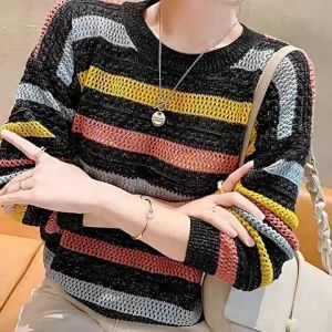 SS GALLERY - KN203 Top Knit Import Sweater - Atasan Wanita Rajut Jaring Import Stripes