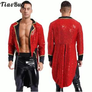 Mens Circus Ringmaster คอสเพลย์เครื่องแต่งกายแขนยาว Sequined Master Jacket ฮาโลวีน Lion Tamer แต่งตัว Tailcoat Outfits