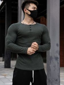 Heavy Weight Thick Thread Henley Shirt Long Sleeves Fitness T-shirt Autumn and Winter Sports Muscle American Male Tough Guy Silm Big