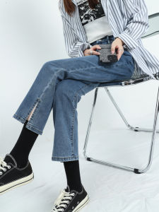 High Waist Straight Leg Jeans Womens Spring New Loose Slim Split Small Size Nine Tube Pants Cotton Elastic Denim Casual Trousers