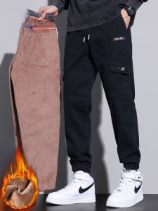 ROMON | Lormen Mens Fleece Lined Pants Thickened Elastic Loose Fit Autumn Winter Sports Workwear Casual Long Trousers Trendy Brand