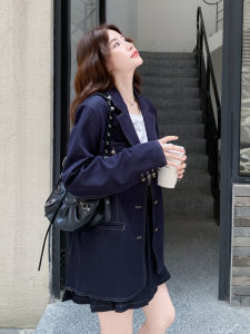 Deep Blue British Style College Fashion Set Womens Autumn New Suit Pleated Short Skirt Two-Piece Set Casual Versatile Size