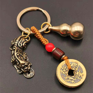 Retro Bronze Five Emperor Coins Keychain Hollow Open Cover Gourd Can Be Filled with Vermilion Xian Lion Talisman Lucky Charm