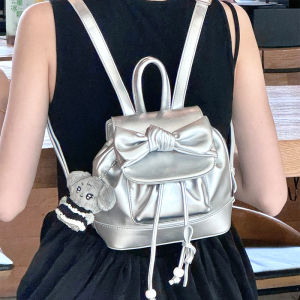 Silver Butterfly Knot Bucket Shoulder Bag Cute Travel Bag for Girls Soft PU Leather Medium Size Korean Style Casual Fashion