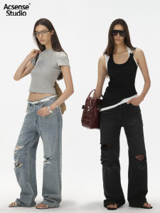 กางเกงยีนส์ขาดๆ ทรงหลวมๆ สำหรับผู้หญิง ACSENSE STUDIO กางเกงยีนส์ทรงตรงเอวกลาง ฤดูร้อน 2025 ผ้าฝ้ายผสม