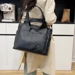 Soft Leather Tote Bag 3 Main Compartments Dual Front Pocket Large Capacity Shoulder Crossbody Handbag for Work Commute Daily Use