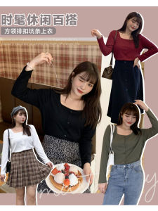plus Size Womens Knitted Long Sleeve T-Shirt Square Collar Slimming Base Shirt Anti-Aging Autumn Winter Fashion Sweet Style