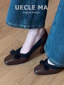 MASHUJIA | Sheepskin Bowknot Stylish Single Shoes Comfortable Low-cut Heels