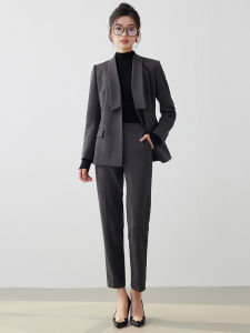 Elegant Grey Suit Set for Women High-End Fashion Spring 2024 V-Neck Long Sleeve Polyester And Spandex Professional Office Wear
