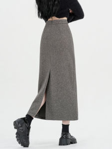 Thickened Gray Woolen Suit Skirt Womens Fall and Winter High Waist Slim Looking Mid Length Long Length Split A- line Sheath One-Step Skirt
