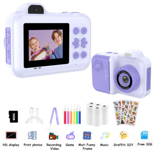 Kids Camera Instant Print Gifts Toys 1080P HD Dual-Lens Selfie Digital Camera with 5 Rolls Print Paper Stickers Pens & 32G Card