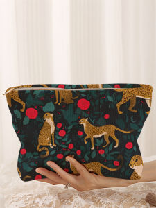 กระเป๋าแต่งหน้าผ้าลูกฟูกลายเสือชีต้า 1 ใบ กล่องเก็บเครื่องสําอางซิปน้ําหนักเบา กระเป๋ามัลติฟังก์ชั่นพร้อมซับใน