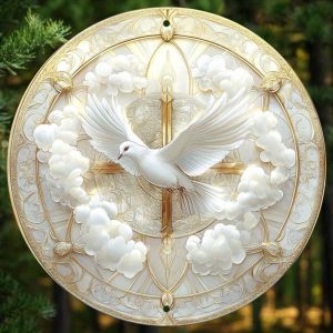 Vintage White Dove Cross Metal Wall Art - 8x8 Inch Round Sign for Home Kitchen Office Decor