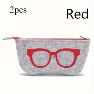 2PCS Soft Felt Eyeglasses Pouch with Zipper Portable Sunglasses Storage Bag Cute Glasses Print Protective Case for Men Women