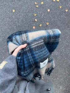 Salt Blue Plaid Scarf Womens Winter Warm Thickened Cashmere Vintage Style Long Rectangle Korean Version Fashion Accessories